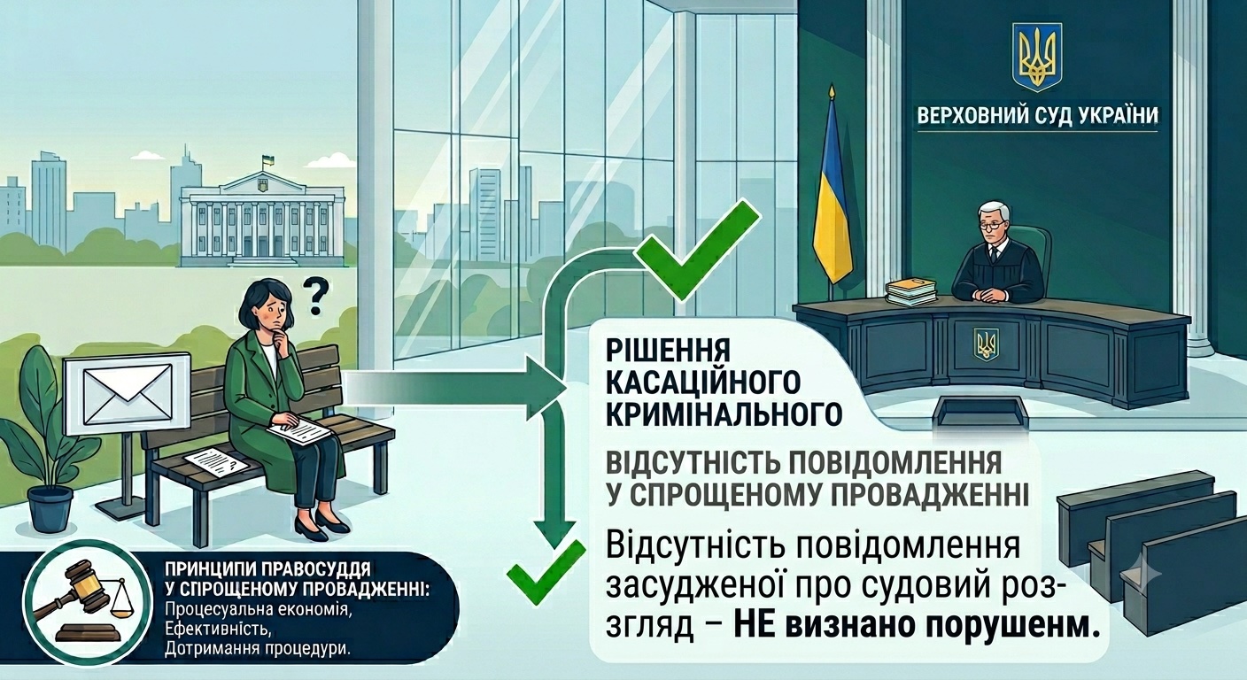 Відсутність повідомлення засудженої про судовий розгляд - НЕ визнано порушенням, бо справа розглядалась у спрощеному кримінальному провадженні (ВС ККС №641/2247/25 від 24.03.2026 р.)