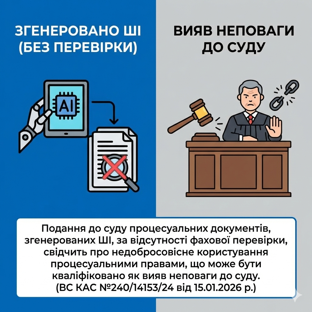 Подання до суду процесуальних документів, згенерованих ШІ, за відсутності фахової перевірки, свідчить про недобросовісне користування процесуальними правами, що може бути кваліфіковано як вияв неповаги до суду. (ВС КАС №240/14153/24 від 15.01.2026 р.)