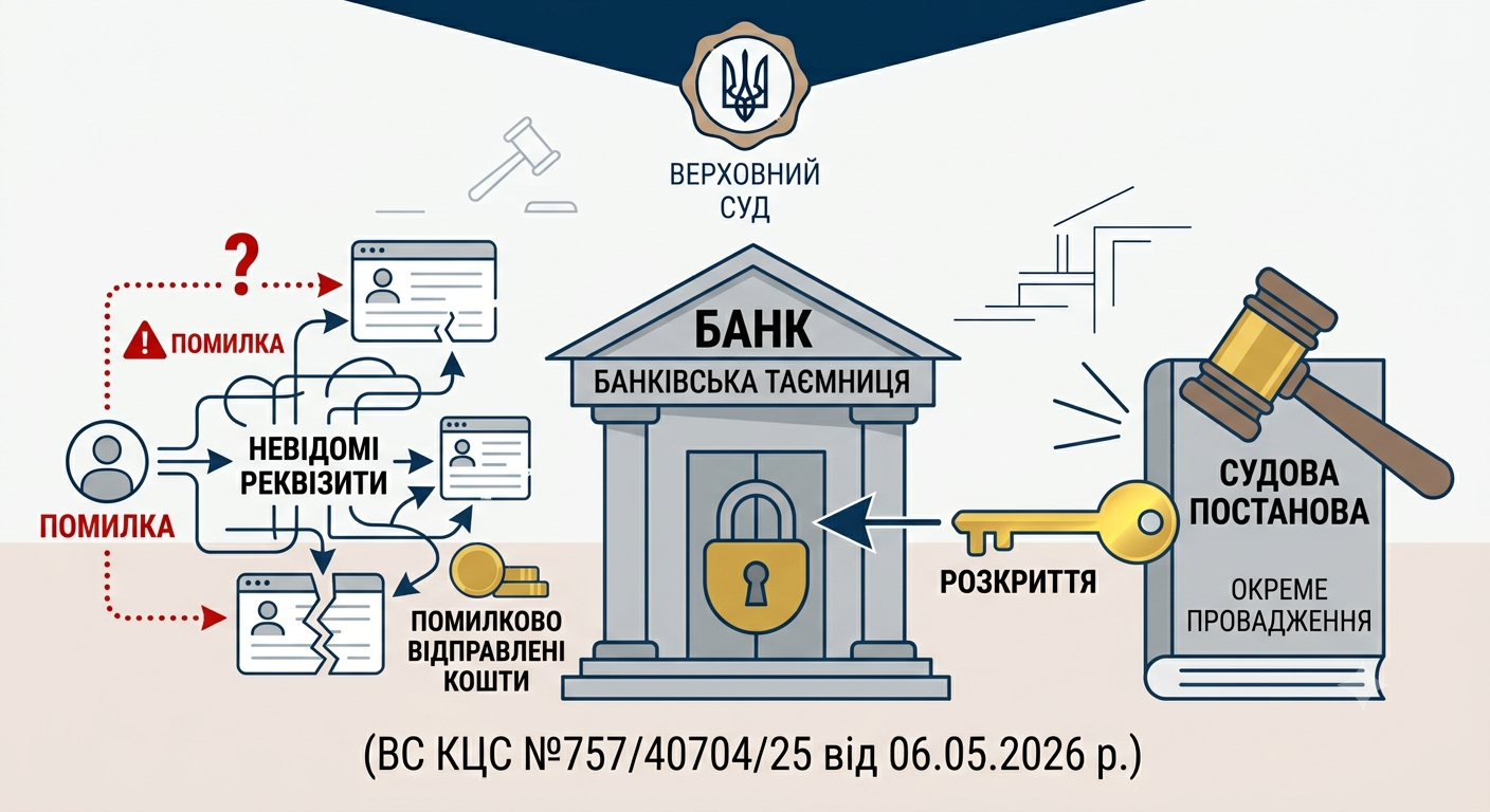 Розкриття банківської таємниці, якщо кошти помилково відправлені на невідомі реквізити - можливе в судовому порядку в окремому провадженні. (ВС КЦС №757/40704/25 від 06.05.2026 р.)