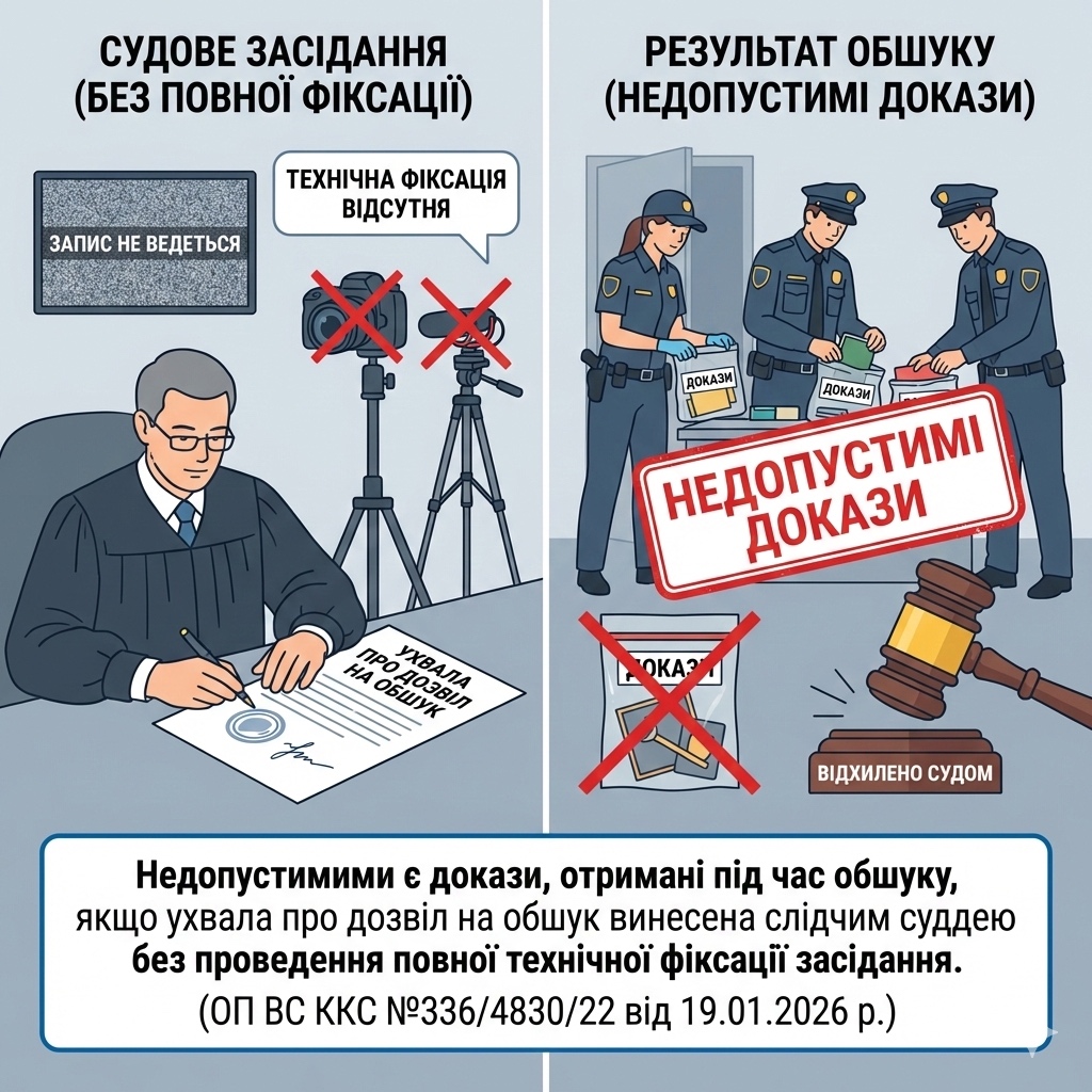 Недопустимими є докази, отримані під час обшуку, якщо ухвала про дозвіл на обшук винесена слідчим суддею без проведення повної технічної фіксації засідання. (ОП ВС ККС №336/4830/22 від 19.01.2026 р.)
