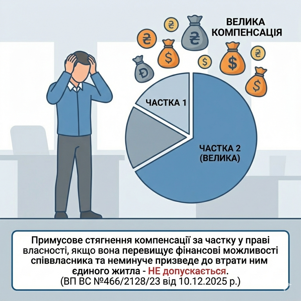 Примусове стягнення компенсації за частку у праві власності, якщо вона перевищує фінансові можливості співвласника та неминуче призведе до втрати ним єдиного житла - НЕ допускається. (ВП ВС №466/2128/23 від 10.12.2025 р.)