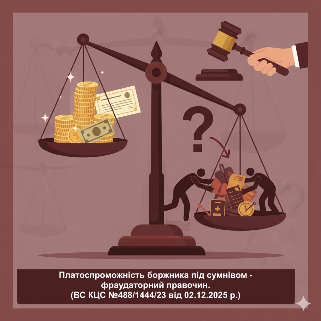 Та обставина, що правочин, за яким боржник відчужив майно, реально виконаний, не виключає його фраудаторності, а отже такий може бути визнаний недійсним. Фраудаторним може бути визнаний як односторонній, так і двосторонній, як оплатний, так і безоплатний правочин. (ВС КЦС №488/1444/23 від 02.12.2025 р.)