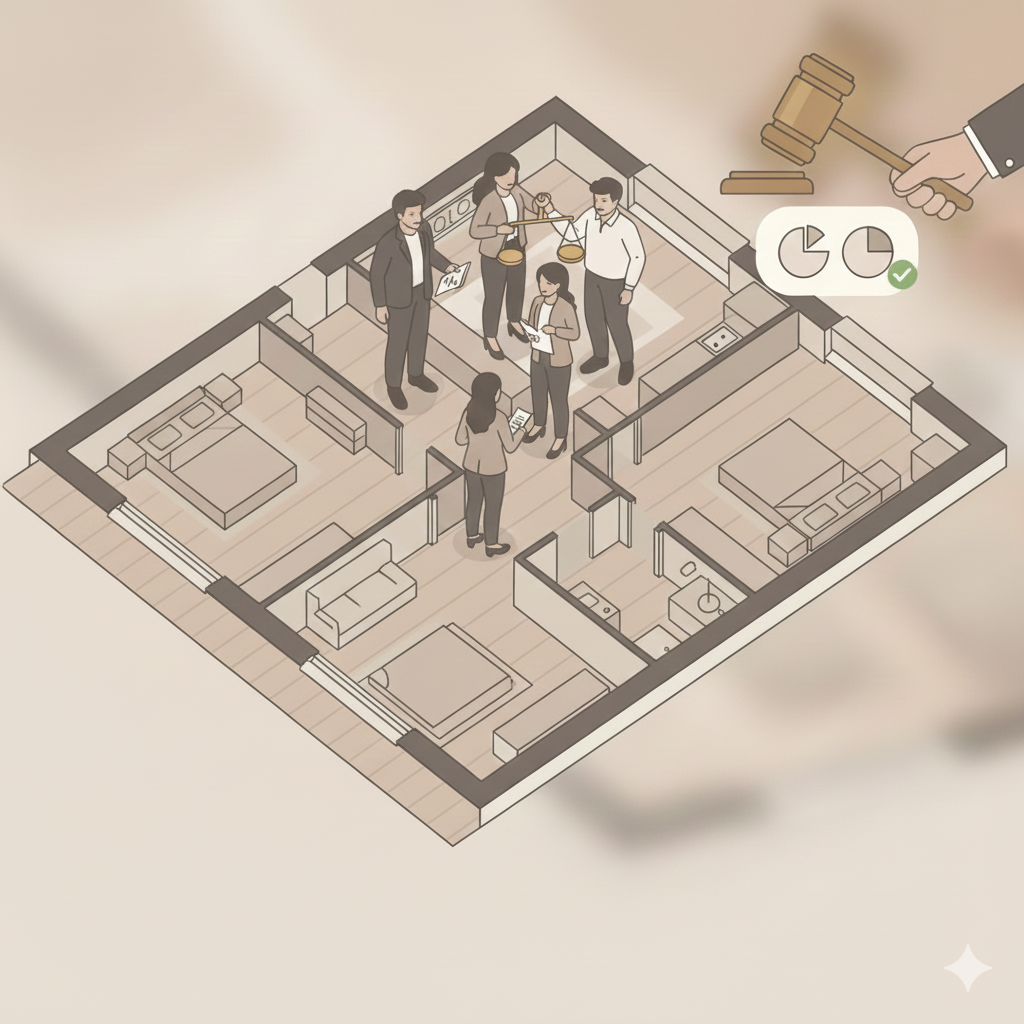 При встановленні порядку спільного користування квартирою, суд виділяє частини житла, адекватні розміру часток співвласників - і може відійти у незначних обсягах від ідеальних часток. Це не змінює розмір ідеальних часток і не порушує прав власників. (ВС КЦС №712/4337/24 від 12.12.2025 р.)