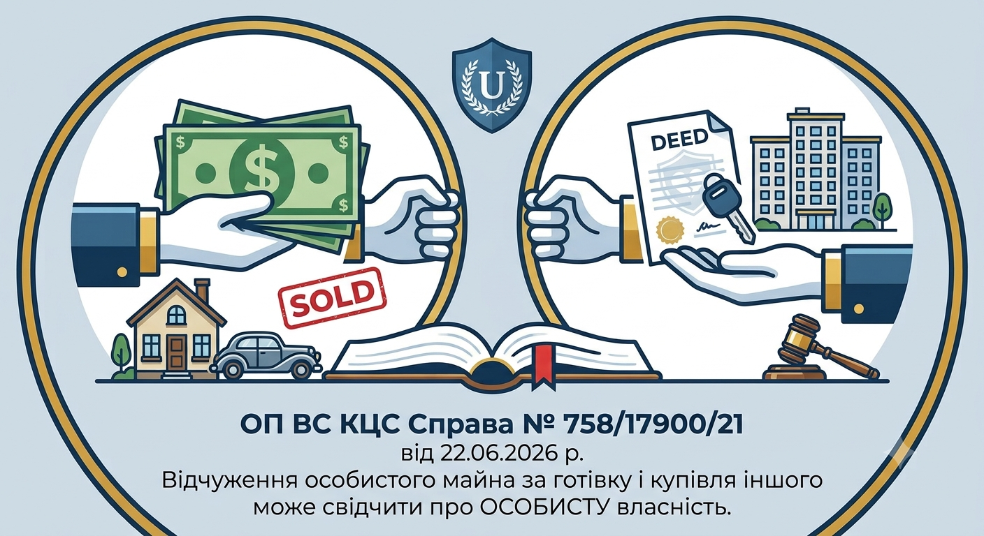 Відчуження особистого майна одним із подружжя під час шлюбу за готівкові кошти і купівля в той же день іншого об'єкта - за відсутності згоди іншого з подружжя - МОЖЕ свідчити що такий є особистою (а не спільною) власністю. (ОП ВС КЦС №758/17900/21 від 22.06.2026 р.)