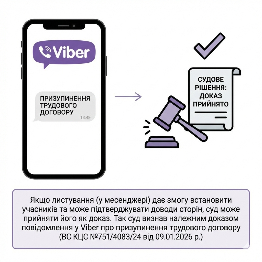 Якщо листування (у месенджері) дає змогу встановити учасників та може підтверджувати доводи сторін, суд може прийняти його як доказ. Так суд визнав належним доказом повідомлення у Viber про призупинення трудового договору (ВС КЦС №751/4083/24 від 09.01.2026 р.)