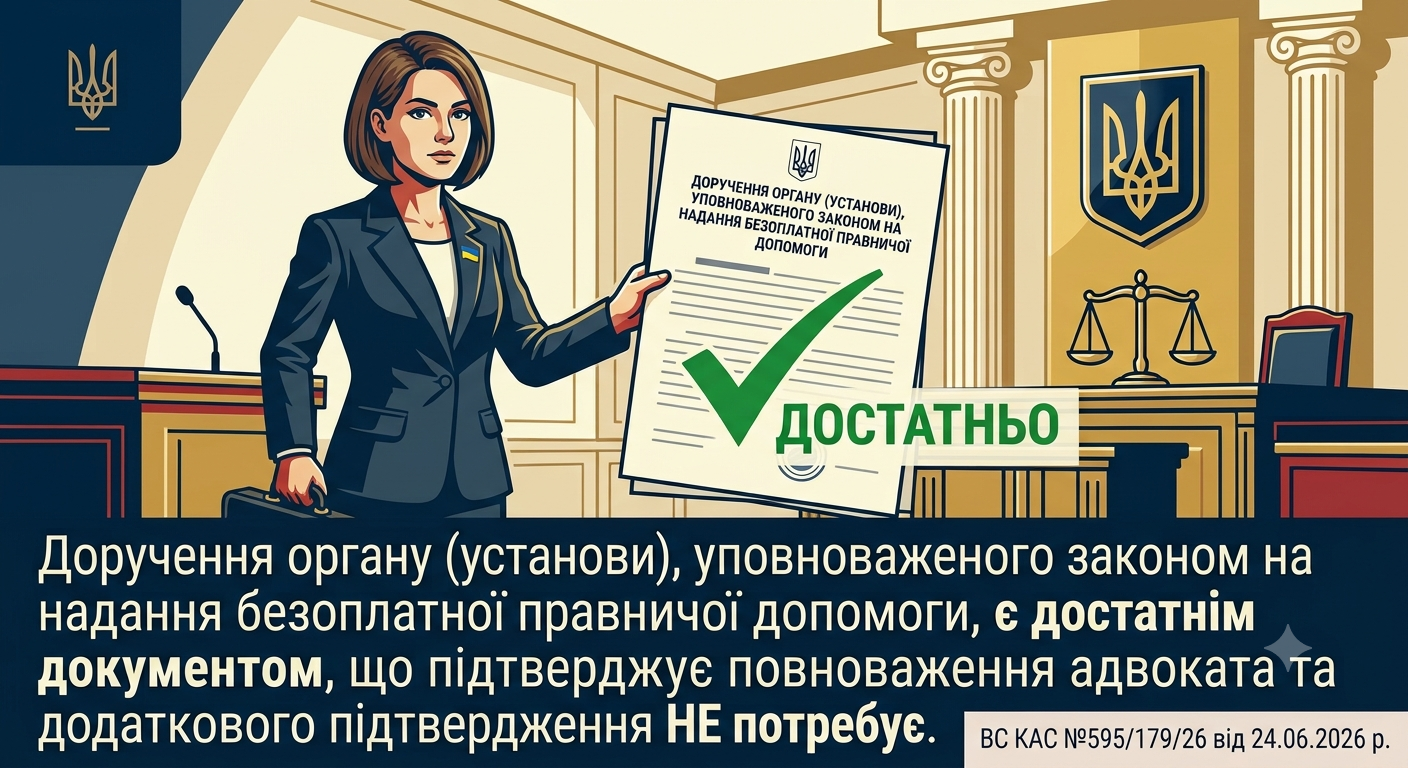 Доручення органу (установи), уповноваженого законом на надання безоплатної правничої допомоги, є достатнім документом, що підтверджує повноваження адвоката та додаткового підтвердження НЕ потребує. (ВС КАС у справі №595/179/26 від 24.06.2026 р.)